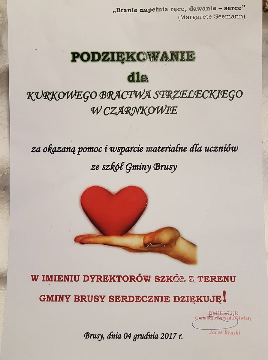Podziękowanie za pomoc dla uczniów z gminy Brusy