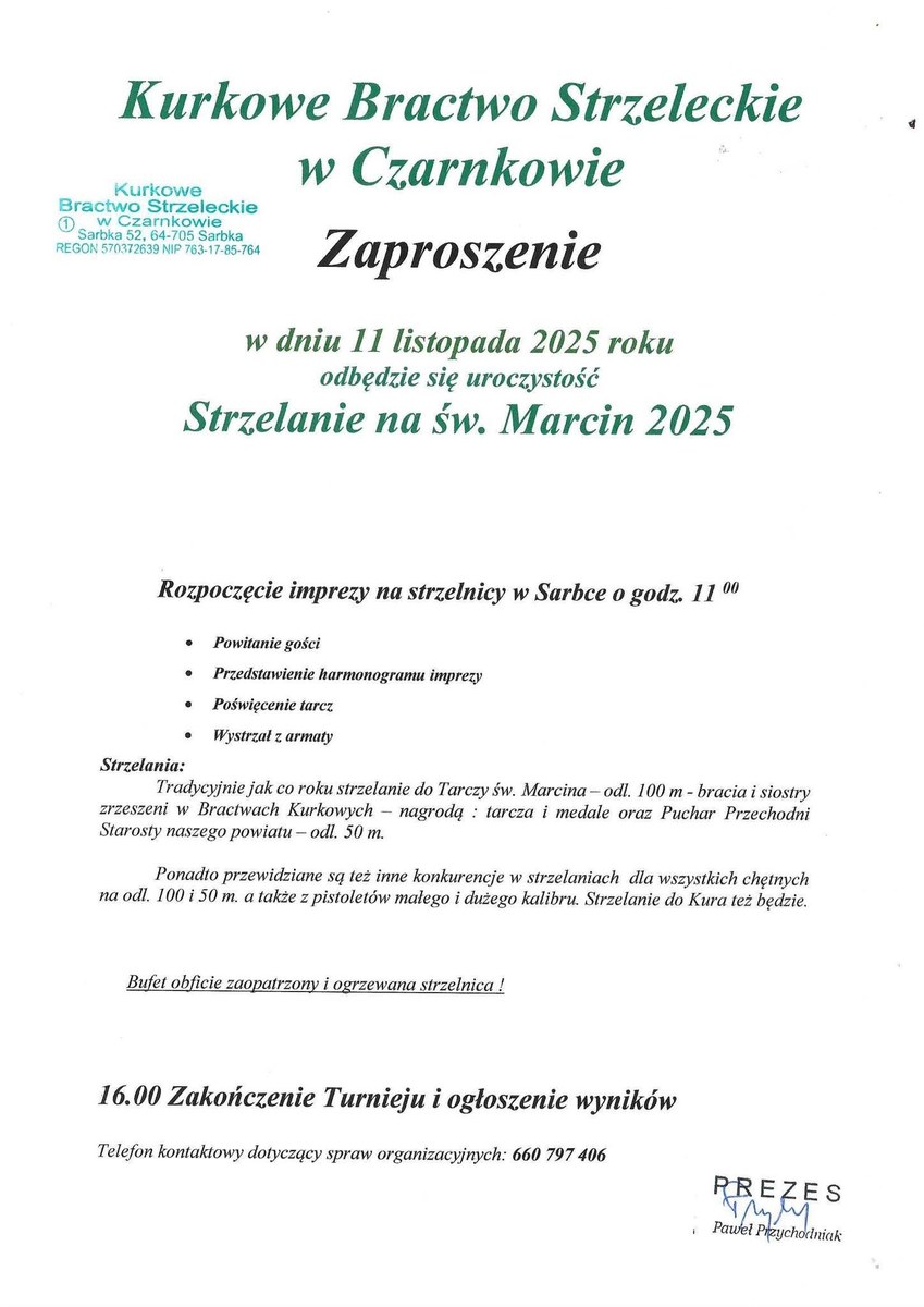 Zaproszenie: Strzelanie na św. Marcin 2025